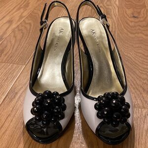 AK Anne Klein Akemani Ivory Black Beaded Slingback Peep Toe Heels (Size  9)